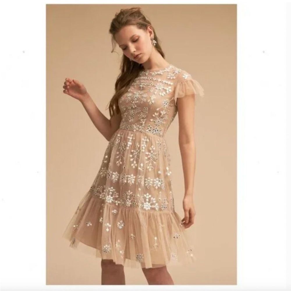 BHLDN Tristan Mini Tulle Dress Nude Geometric Mirror Embellishment US6